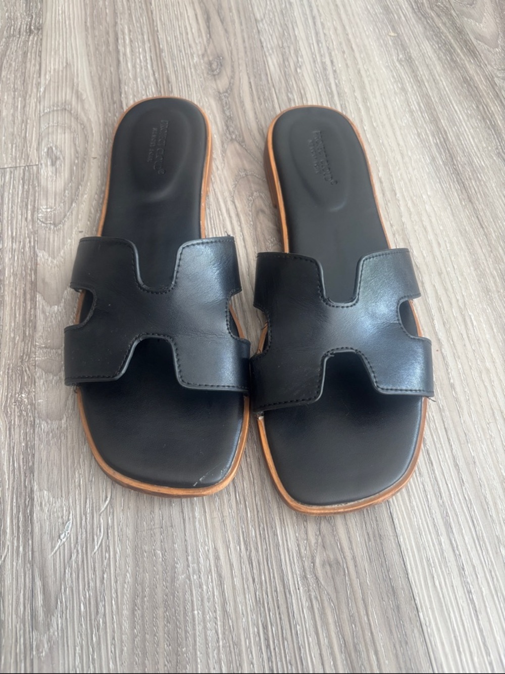 Black Leather Slide Sandals - womens Minimal Slip-On